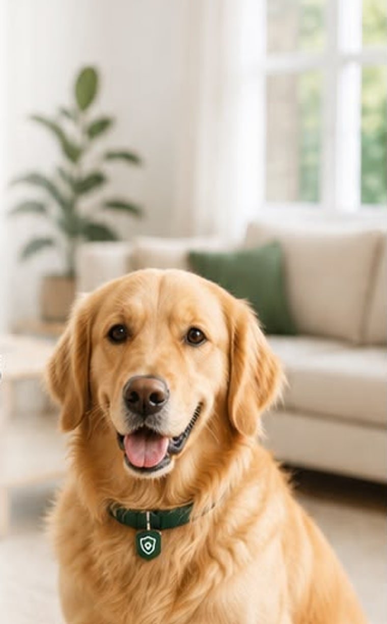 Golden retriever sitting in a bright living room